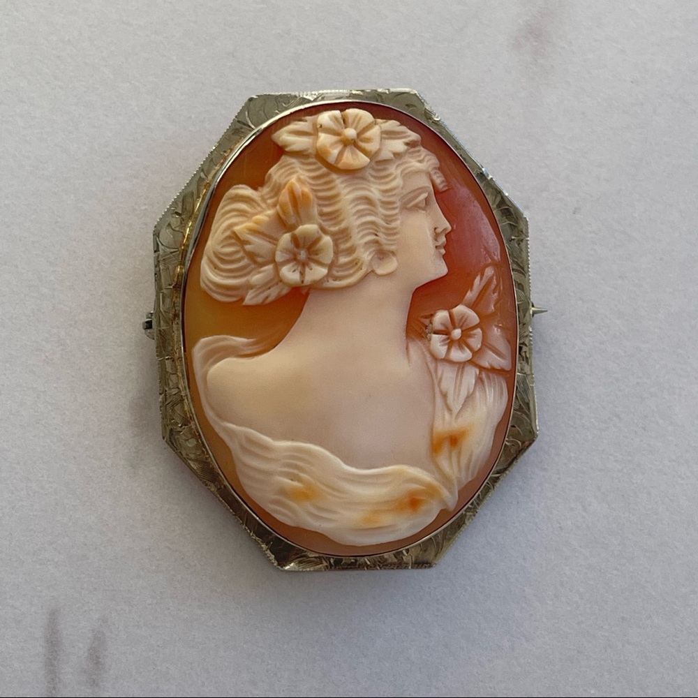 Solid 14K Antique white gold cameo Art Deco Goddess Victorian Pendant brooch pin - Picture 3 of 17